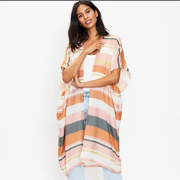 LOFT Striped Kimono Shawl Tunic Cover Up Muted Colors Light Pink Green White - Picture 4 of 9